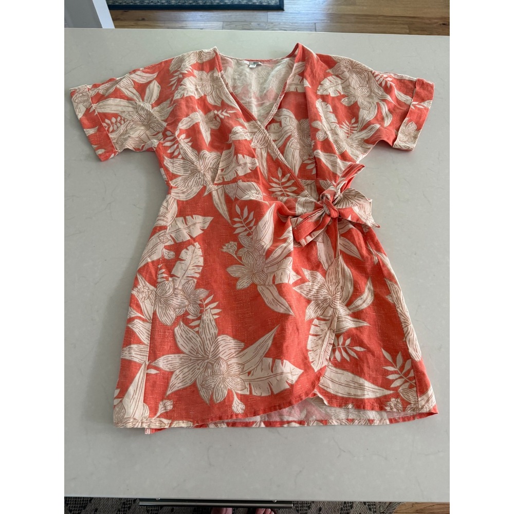 Amuse Society Coral Tropical Floral Linen Blend Wrap Dress AD04PMAL Womens Small - Picture 5 of 10